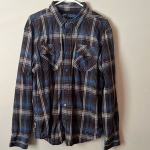 Prana, Medium, Heavier-weight, Lined Flannel, Long-Sleeved, Brown and Blue plaid